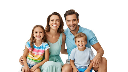 A happy family of four sitting together on transparent background