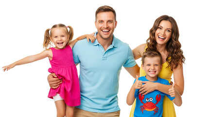 A happy family of four smiling together on transparent background