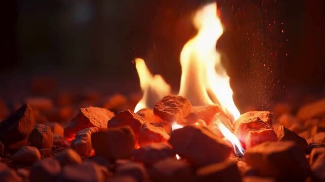 Fiery glow swells over hot coals, orange rocks crackling as bright flames dance.Bright glow lingers