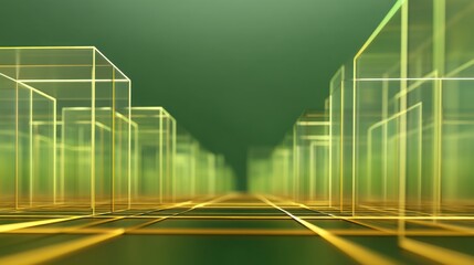 Abstract Digital Green Background with Transparent Geometric Shapes and Light Effects for Modern Design or Technology Themes in Stock Photography