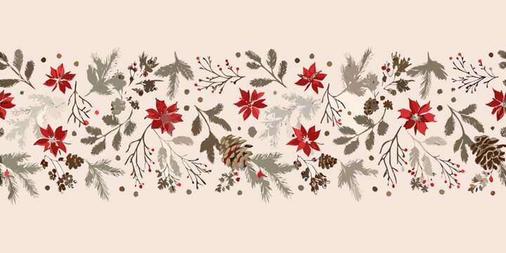Festive floral border featuring poinsettias pinecones and winter botanical elements