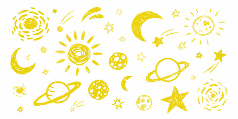 Whimsical yellow crayon drawing of planets moons stars and celestial bodies © Sourav