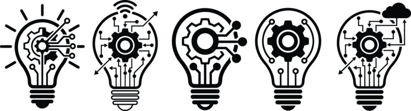 Creative innovation light bulb icon set with technology gears circuits idea thinking automation artificial intelligence vector illustration design