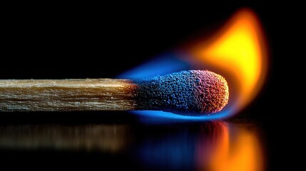 High Contrast Flame and Blue Glowing Tip on Burning Matchstick, Isolated Black Background with Copy Space

