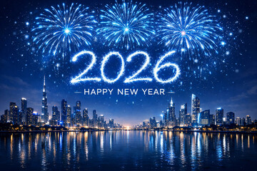 Futuristic city skyline with glowing 2026 New Year fireworks