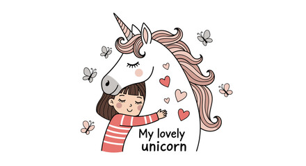 Sweet little girl hugging a large white unicorn with a pink mane and tail surrounded by hearts and butterflies on a clean white backdrop.