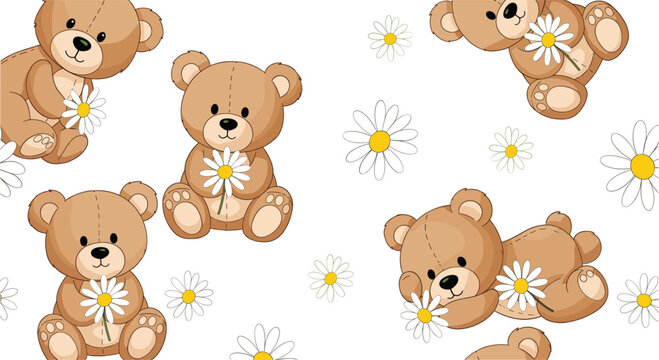 Cute teddy bear seamless pattern with daisies and floral elements in soft pastel cartoon vector style