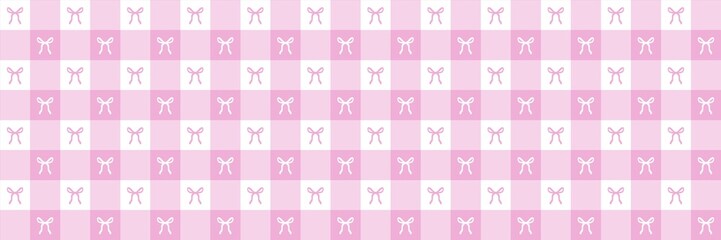 ​Cute pink gingham seamless pattern with coquette bows. Sweet checkered background for baby girl shower, nursery wallpaper, textile design, and feminine gift wrapping paper.