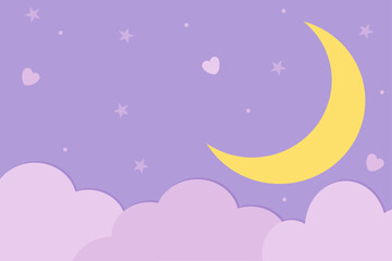 Naklejka premium Cute crescent moon in night sky with pink clouds, stars, and hearts on purple background cartoon illustration