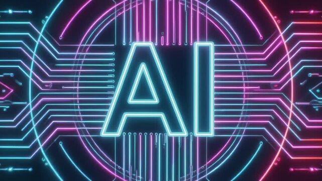 A vibrant digital representation of AI symbolized by glowing letters in a circular design.