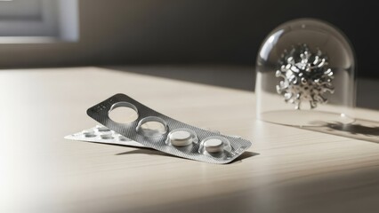 HIV Virus Model in Glass Cube with Medical Blister Pack on Wooden Table