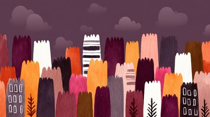 Colorful abstract cityscape with whimsical buildings against a purple sky with clouds