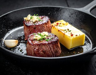 Two cooked steaks with butter in a cast iron pan