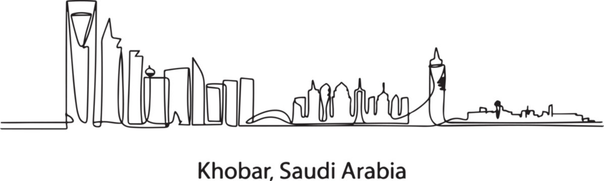 One single line drawing Khobar city skyline, Saudi Arabia. World town landscape postcard print. Best place holiday destination. one line Icon drawing