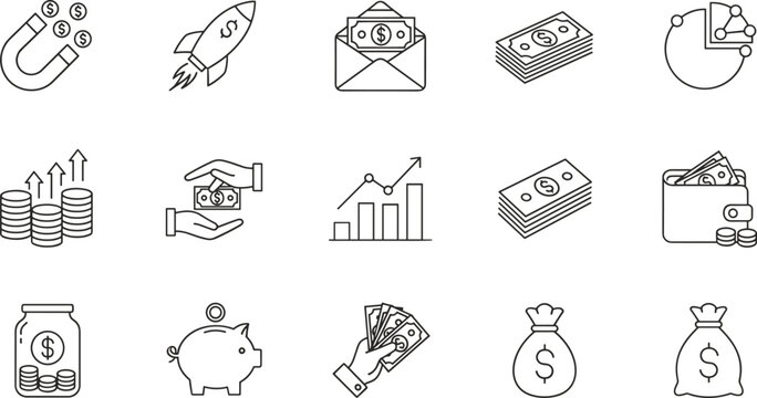 Financial growth and investment line icon set featuring money magnets, rocket startups, profit charts, piggy banks, savings jars, and wealth management symbols.