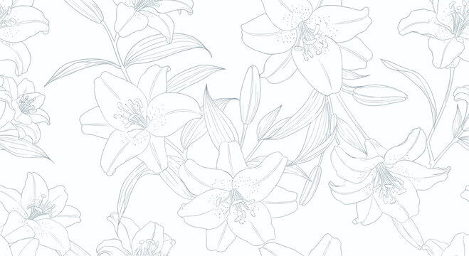 Elegant seamless floral pattern featuring hand drawn lily flowers in soft blue outlines on a white background.