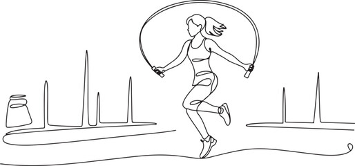Single continuous line drawing young sportive woman train jumping with skipping rope in sport gymnasium club center. Fitness stretching concept. one line Icon drawing