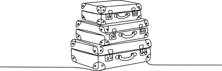 One continuous line drawing of old retro vintage leather suitcases stack. Classic travelling item concept single line draw graphic design. one line Icon drawing