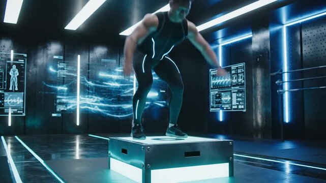 Athletic Man Performing Push-Up Exercise on Futuristic Digital Platform with Neon Blue Technology Effects