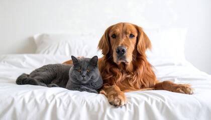 Two pets, cat and dog, on a bed