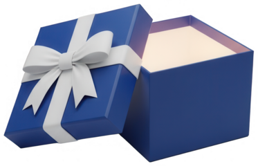 Open dark blue gift box with white ribbon and bow isolated on transparent background with glowing light inside