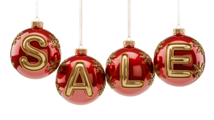 Festive red christmas ornaments with golden letters spelling "sale" hanging on a white background isolated on transparent background