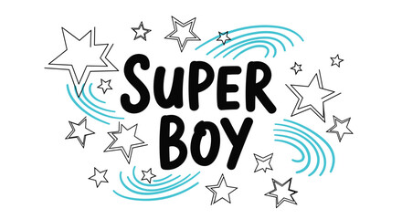 Bold Super Boy text surrounded by various stars and decorative blue swirls on a clean white background for kids and nursery design art.
