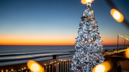 White Christmas tree on deck overlooking ocean at sunset lights
