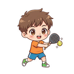 Cute chibi kid padel sport cartoon isolated white