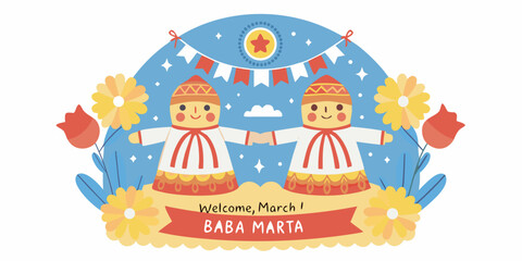 Obraz premium Festive baba marta illustration with dolls flowers and celebratory bunting