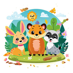 Naklejka premium Jungle animals in garden for nature wildlife and safari conservation theme concept digital art illustration