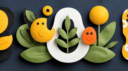 Colorful abstract composition featuring playful shapes and cheerful characters surrounded by greenery