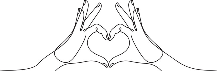 Obraz premium Single one line drawing hands making sign or symbol heart by fingers. Beautiful hands with copy space. Love concept with hand gestures. one line Icon drawing