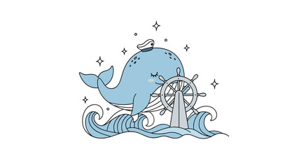Naklejka premium Little blue whale wearing a white captains hat steers a large ship wheel over ocean waves under a starry sky in a cute nautical adventure art.