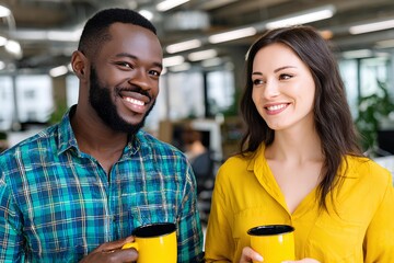 Two multicultural colleagues casually talking in a modern office environment, holding coffee mugs, showcasing a friendly and collaborative atmosphere with greenery in the background