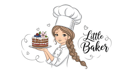 Professional little baker girl in a chef uniform and hat holds a delicious layered berry cake for a sweet and successful culinary performance.
