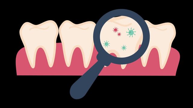 Dental illustration of a row of teeth on pink gums, with a magnifying glass revealing specks nearby