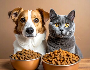 Two pets, dog and cat, facing forward, with pet food