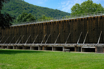 Saline Gradierwerk or saline graduation tower. The saline or open-air inhaler in the spa park in the climatic resort. Wellness Tourism. Bad Kreuznach, Rhineland Palatinate, Germany. 