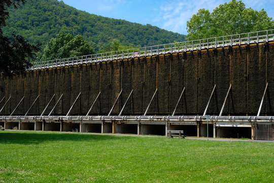Saline Gradierwerk or saline graduation tower. The saline or open-air inhaler in the spa park in the climatic resort. Wellness Tourism. Bad Kreuznach, Rhineland Palatinate, Germany. 