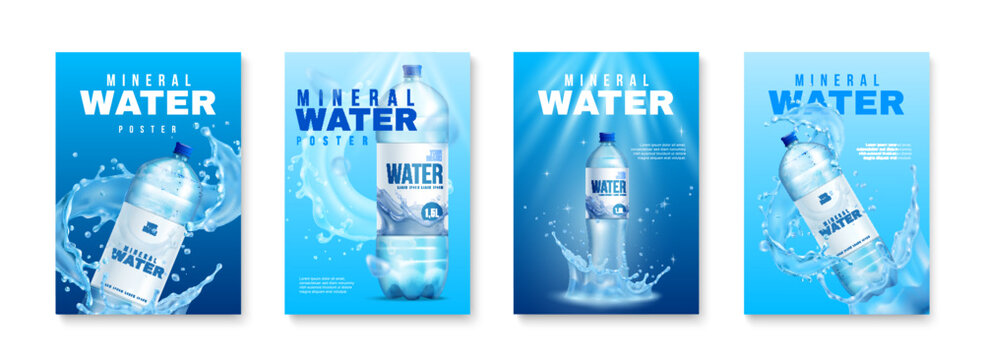 Realistic Mineral Water Poster Set with Plastic Bottles, Water Splashes, and Blue Bubbles, water bottle template to edit, and for graphic design work.