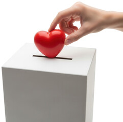 Hand placing a single red heart into a plain white donation box