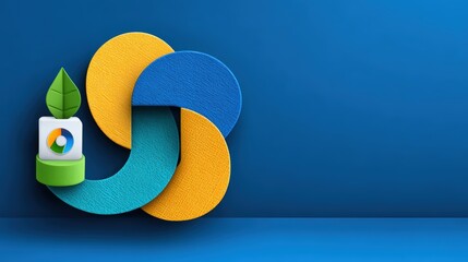 Colorful abstract design featuring a leaf and circular shapes against a blue backdrop