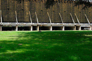 Saline Gradierwerk or saline graduation tower. The saline or open-air inhaler in the spa park in the climatic resort. Wellness Tourism. Bad Kreuznach, Rhineland Palatinate, Germany. 