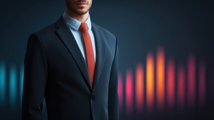 Professional businessman in formal suit with red tie standing against a dark background featuring colorful sound wave graphics representing success and achievement