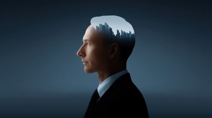 Side profile of a businessman with a city skyline inside his head depicting creativity, innovation, and urban thinking in a digital art style