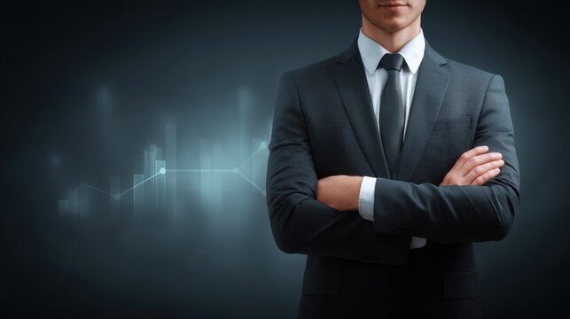 Professional businessman in formal suit standing confidently with arms crossed against dark background featuring modern digital financial graphics - Powered by Adobe