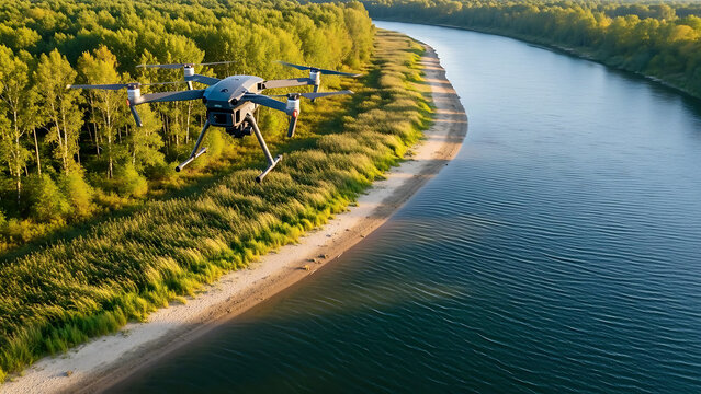 Drone flying over scenic river bend