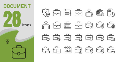 Document and briefcase line icon set: 28 vector icons for business and finance
