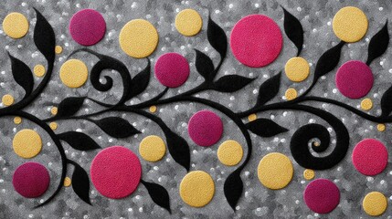 Colorful abstract design featuring circular shapes and swirling vines on a textured background